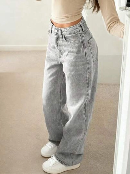 NVFelix Women's Loose Straight Leg Jeans, Distressed Design, Retro Elegant Casual Everyday Wear, Y2K Streetwear Style, Suitable For Spring & Summer, Grey - Size XL