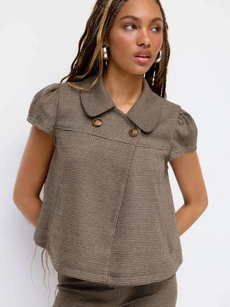 Peter Pan Collar Houndstooth & Polka Dot Button Short Sleeve Blouse