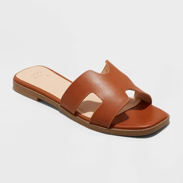 Women's Nina Slide Sandals - A New Day™ Cognac 6: Faux Leather, Open Toe, Ankle Strap