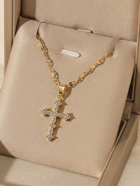 Gold Women's Fashion Necklace Ins Vintage Gold Cross Necklace Personalized Pendant Niche Design Titanium Steel Collarbone Chain