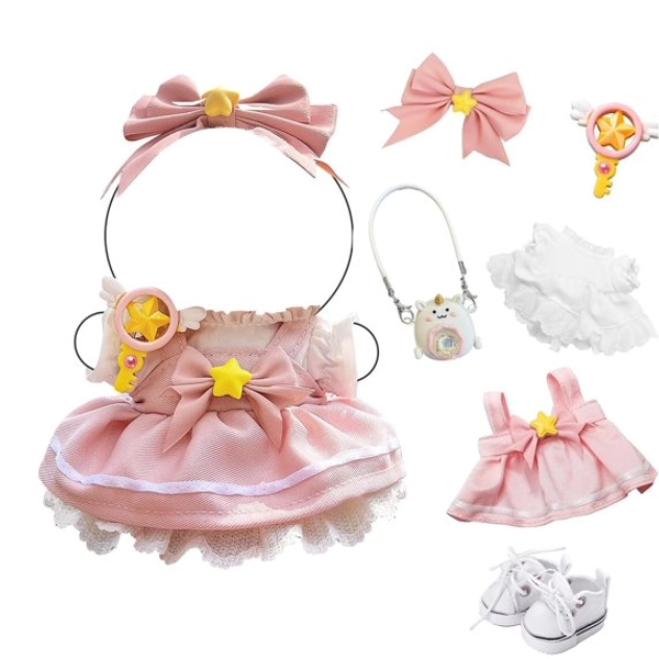17cm Doll Clothes Set with Shoes, Hair Bows, Backpack & Handheld Ornaments, 6-Piece Fashion Outfit for Dolls, Adorable Doll Accessories