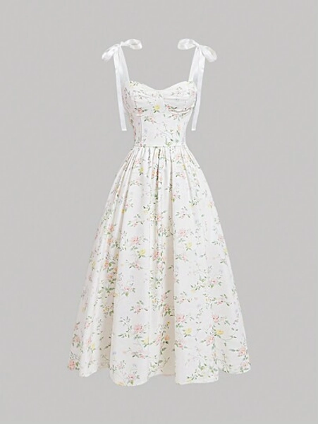 SHEIN MOD Romantic Floral Printed Shoulder Strap Tie Waist Women's Summer Dress,Summer Women Dresses, Bridgerton Style Dress, Floral Dress, Sundress,Summer Dresses For Women,White Graduation Dress