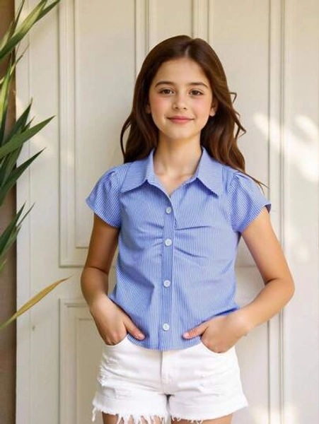 Tween Girls Simple Classic Blue Striped Short Sleeve Stand Collar Cardigan Shirt Girls Striped Shirt Blue Striped Shirt Girls Teen Girl Striped Shirt Kids Blue Striped Shirt Girls Summer Shirt