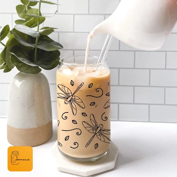 Dragonfly Glass Jar: Iced Coffee Tumbler with Lid & Straw