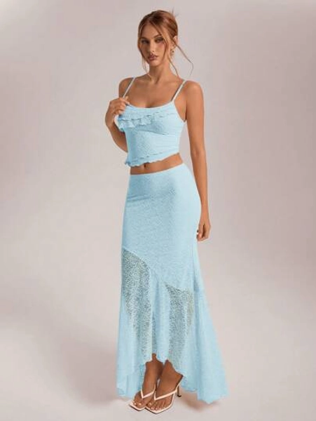 Aloruh 2pcs/Set Women's Spring/Summer Holiday/Wedding Season Lace Asymmetric Hemline Camisole Top And Low Waist Mermaid Ruffled Asymmetrical Hem Skirt