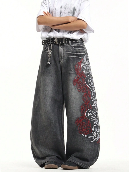 1pc Infinite Jeans Hong Kong Style High Street 3D Embroidery Floral Fashion Versatile Men's Washed Loose Wide Leg Jeans (Product Does Not Include Belt And Accessories)