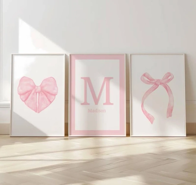 Trendy Pink Bows Wall Art Set of 3 l Coquette Room Decor l Heart Wall Art l Custom Initial l Watercolor Bows l Pink Bow Wall Art l Girl Room