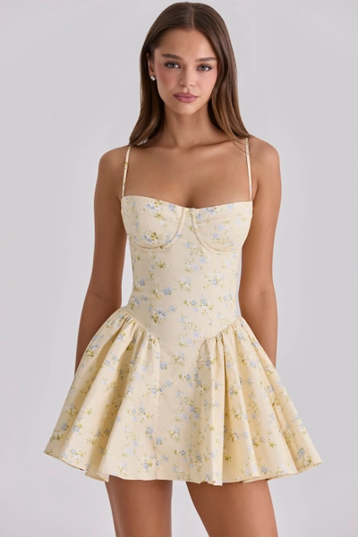 Samaria Lemon Floral Print Cotton Corset Mini Dress