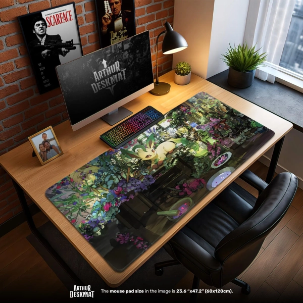 Leafeon Mouse Pad - Floral Garden Pokémon Scene with Leafeon in Greenhouse, Nature Gaming Desk Mat, Anime Plant Decor