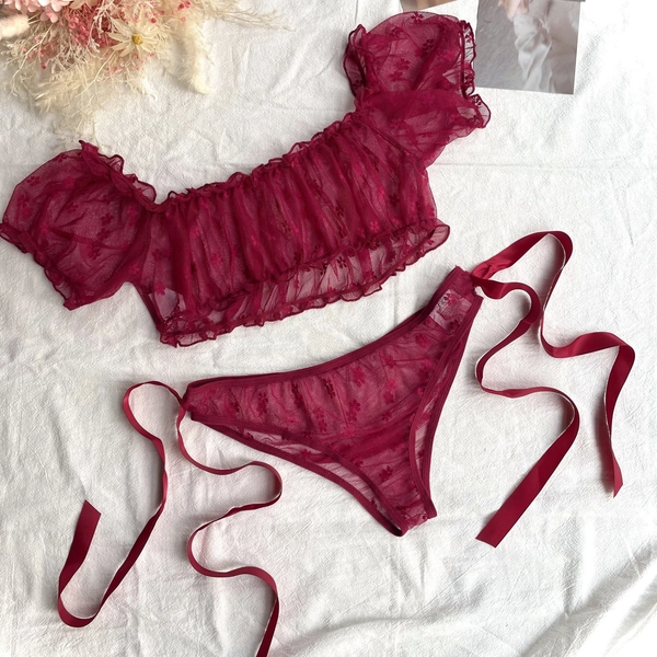 2pcs, Red One Shoulder Strapless See Through Lace Sexy Lingerie Set