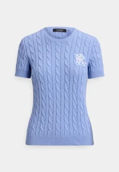CABLE-KNIT COTTON SHORT-SLEEVE SWEATER - T-shirt basic - banker blue