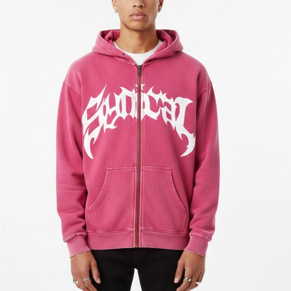 Puff Print Sun Faded Reborn Graphic Acid Washed Zip Up Hoodie