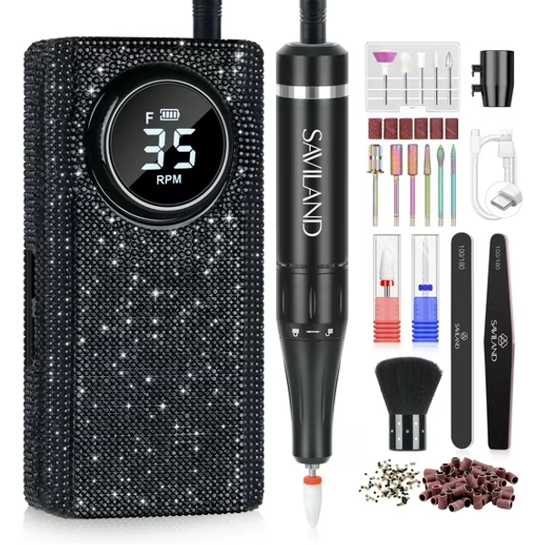 Saviland Nail Drill: Electric Nail Drill Kit 35000RPM 13 Drill Bits Nail Tech Professional Drill Nail File Buffer Dust Brush Black Crystal Diamond Expert Salon Use Manicure Pedicure
