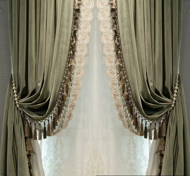 Handmade custom color velvet curtain with trim border for living room, custom size curtains and side tulle