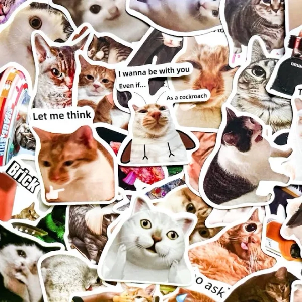 Pack of 50 Cat Meme Stickers, Funny Cat Stickers, Viral Silly Cat Stickers, Cute Kitty Meme Stickers, Waterproof Stickers for Cat Lovers