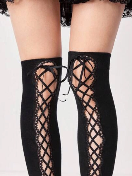 ROMWE Kawaii 1 Pair Goth Chic Lace Trim Open Knit Over-The-Knee Socks With Elastic Straps - Size one-size