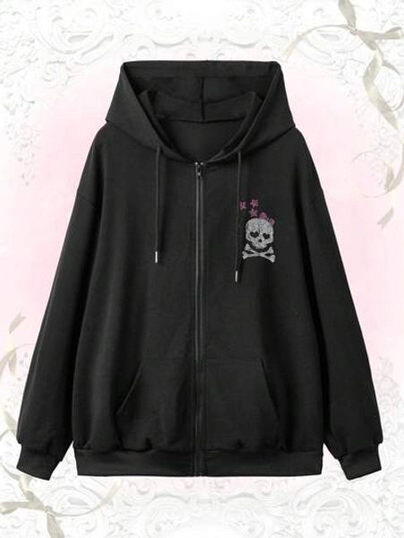ROMWE Kawaii Skull Graphic Rhinestone Decor Zip Up Drawstring Hoodie, School,Long Sleeve Tops Graduation,Back To School Outfits,Graduation,Teacher Outfits For Women,Back To School - Size M