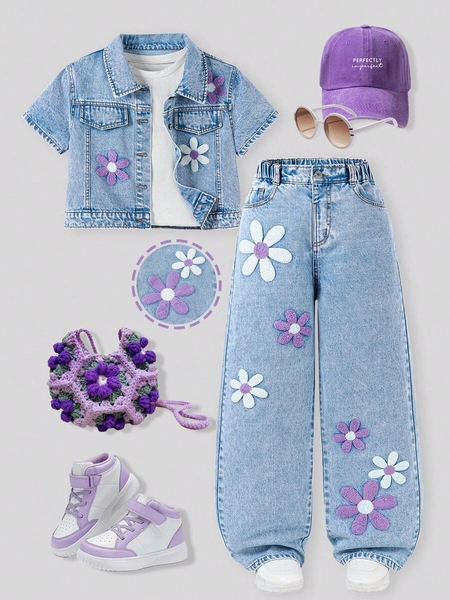 Girls' Denim 2 Pieces Set, Street Sweet Cool Fashion, Y2K Style, Purple + White Towel Embroidery For Sweet Cool Girl Vibe, Wide Leg High Waist Pants, Loose Fit To Flatter Leg Shape, Vintage And Playful, Suitable For Daily Outings, Music Festivals, Campus Wear, Creating A Youthful And Unique Street Look