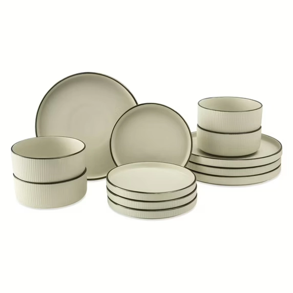 Thyme & Table 12-Piece Cream Ribbed Stoneware Dinnerware Set, Aden Collection