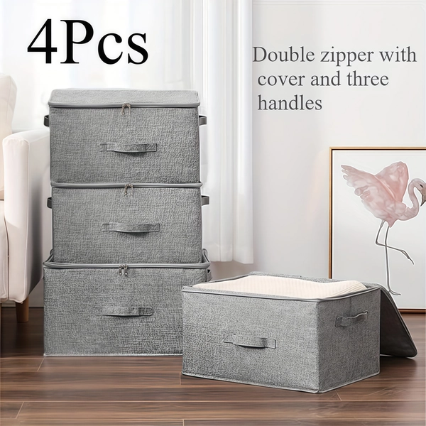 Set of 4, Oversized Collapsible Storage Container Made of Cationic Fabric, Featuring Double Zippers And Three Handles, Waterproof Design, Ideal for Closets, Bedrooms, Kitchens, And Books, Versatile Large Canvas Storage Box, Easy to Fold for Organization.