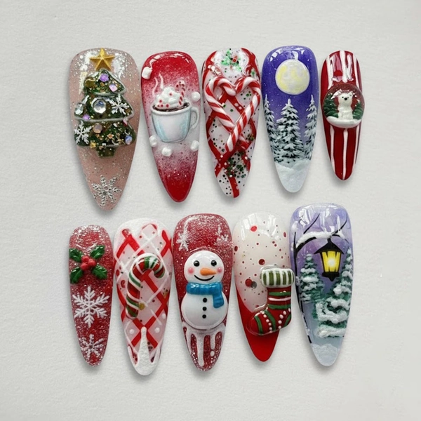 Handmade 3D Christmas Press On Nails: Snowman, Candy Cane Holiday Nail Art
