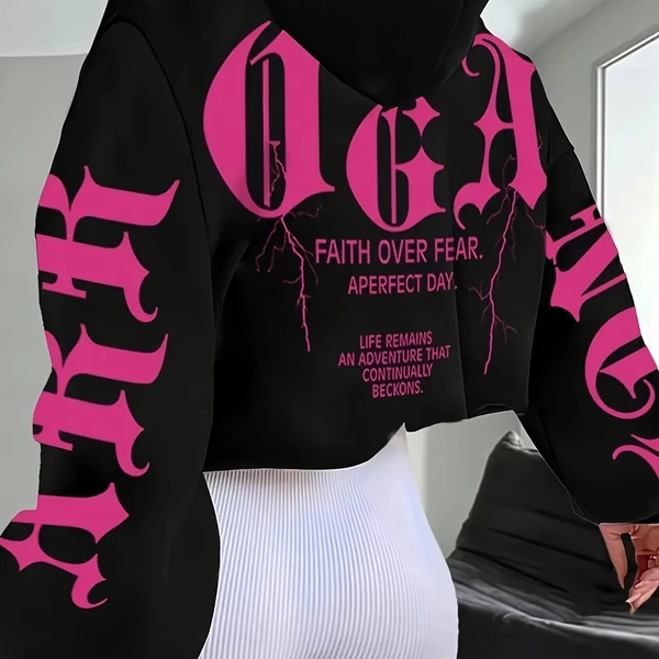 European and American Style Casual Sportswear Women's Winter Thickened Hooded Sweatshirt with Letter Print on Arms and Back, -Lined