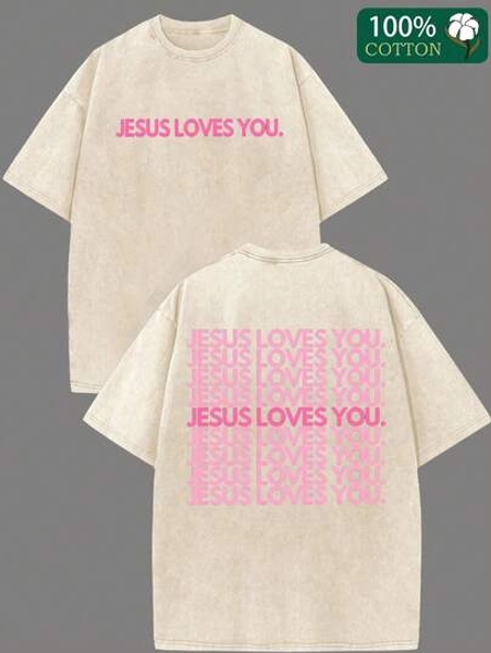Heavy Washed T-Shirt- Jesus Loves You Religious Pattern T-Shirt, Pink Green And Pink Letters Double-Sided Print- Christian Clothing, Unisex Crew Neck Top, Suitable For Church, Casual Wear, Gift Giving- Machine Washable Soft Crew Neck - Size XXL