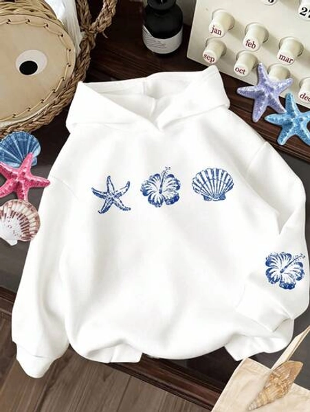 Casual Beach Resort Style, Hibiscus, Flame Flower Tropical Floral, Tween Girl Casual Loose Fit Crew Neck Comfortable Long Sleeve Sweatshirt, Suitable For Autumn/Winter Fall