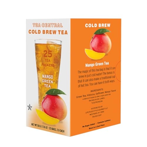 Life Plus Style Gourmet TEA CENTRAL Mango Green Tea Naturally Refreshing Cold Brew Tea Bags Ceylon Iced Green Tea Everyday Wellness Sweet Mango Fruit Tea 25 Tea Bags