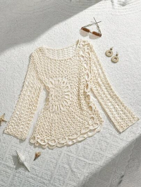SHEIN MOD Apricot Crochet Beach Cover Up Top For Women, For Summer Vacation,Country Concert, Holiday, Vacation Woman, Festival