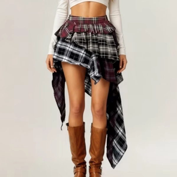 Anna-Kaci Women's Asymmetric Plaid Mini Skirt with Layered Ruffle Details and Draped Handkerchief Hem Design - Large, Black