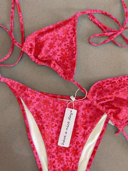 Polovedo Official Women Floral Printed Halter Tie Front Bikini Set, European & American Sexy Style