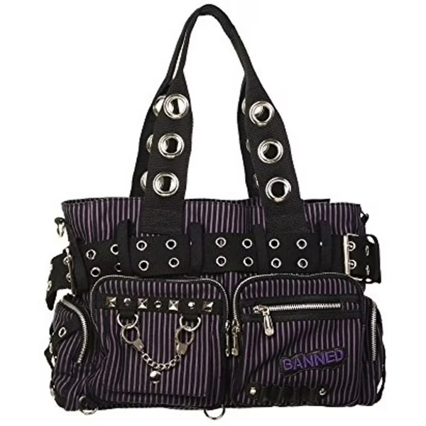 Lost Queen Striped Punk Rock Steampunk Purse with Handcuff Skull Charm (Purple)