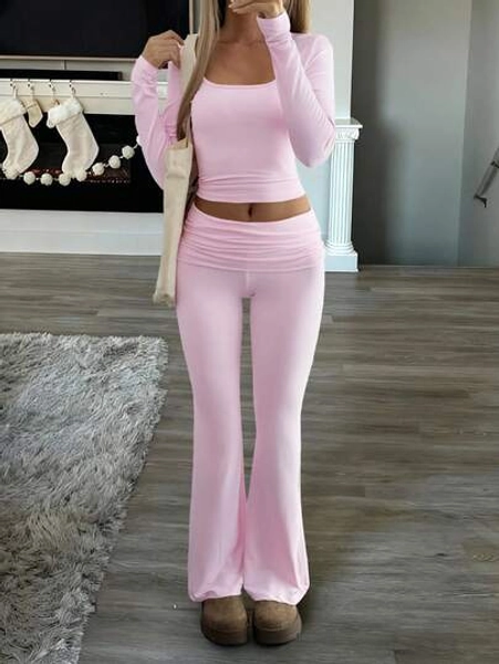 Women's Two Pieces Fall Clothes Y2K Slim Sexy Solid Color Square Collar Long Sleeve Top Pant Suit