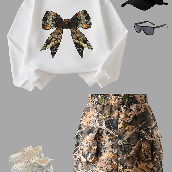 [2pcs Bow T-Shirt Set] Girls' 2pcs Casual Minimalist Bow-Decorated Long-Sleeved Round Neck T-Shirt, Paired with a Mini Skirt Set, Suitable for Girls' Outdoor Activities in Spring And Autumn