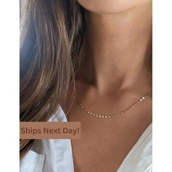 14K Solid Gold Sparkle Mirror Necklace, Gold Women's Necklace, Dainty Luxury Jewelry, Best Gold Necklace Anniversary Gift, Gift for Her.