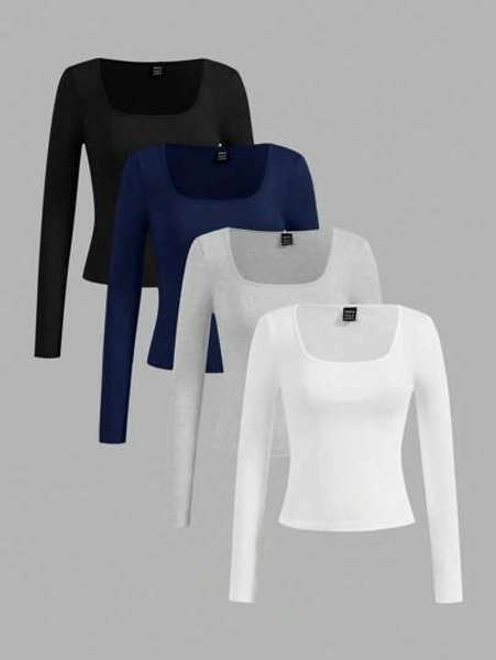 SHEIN Essnce 4pcs Solid Color Casual & Versatile Square Neck Long Sleeve T-Shirts For Women, Spring & Autumn And Winter