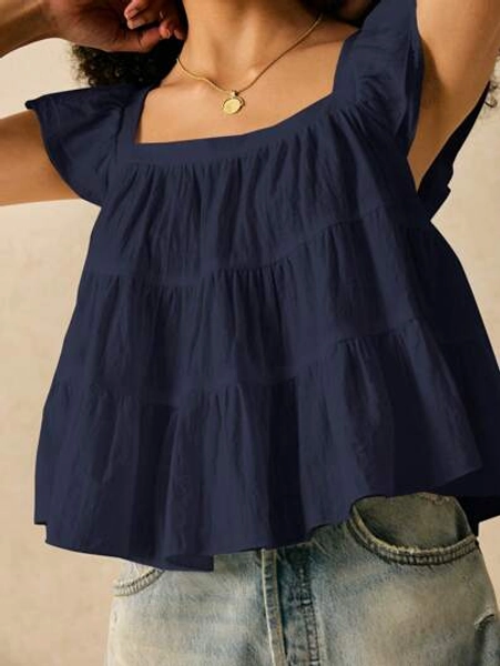 SHEIN Frenchy Square Neck Navy Blue Women's Blouse With Flared Hem And Woven Fabric Summer
