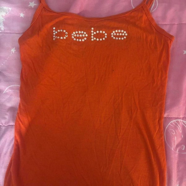 Orange Bebe tank top with rhinestone logo, size XS...