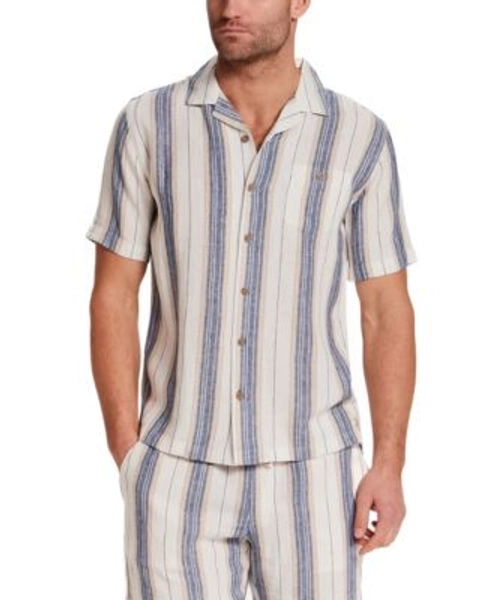 Men's Short-Sleeve Linen Blend Button-Down Linen Blend Vertical Stripe Shirt
