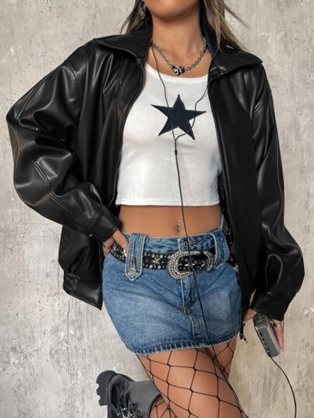 SHEIN ICON Drop Shoulder Zip Up Black PU Jacket In Fall/Winter