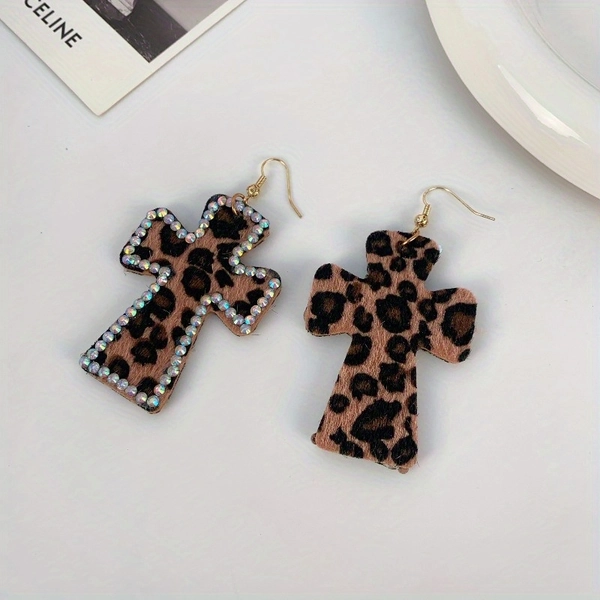 Women'S Bold Leopard Print Cross Earrings - Statement Jewelry with Red, Elegant Party &amp; Everyday Earrings, Birthday/Halloween Gift for Women - Year-Round Luxury Accessories, Vacation Wear, Bohemian Chic, Detailed Design, Fashion Lovers