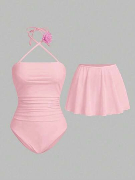 Sweetra 1pc Women's Elegant Palace Style Youthful Ivory Wedding Party Princess Floral Neck Tie One-Piece Swimsuit For Summer Beach Vacation