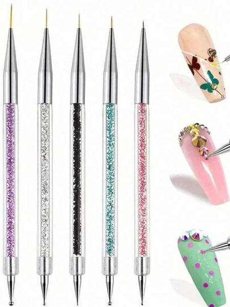 5pcs Double-Ended Nail Art Liner Brush Dotting Pen Rhinestone Drill Drawing And Dotting Tools