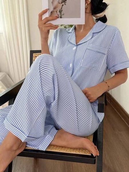 Dream Adore Striped Lapel Short Sleeve & Long Pants Pajama Set Women Striped Pajamas Blue And White Striped Pajamas Summer Pajamas For Women Women Pajama Set Sleepwear Set Women  Cozy And Elegant Details