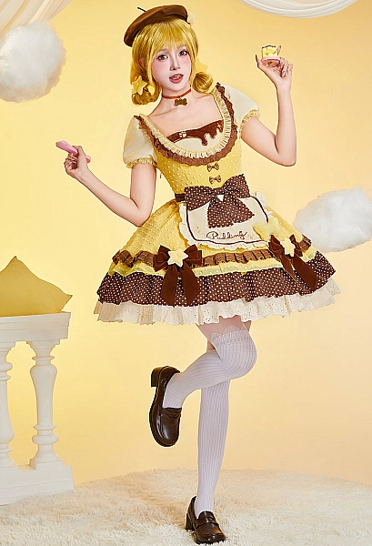 Anime Doll Derivative Cute Lolita Suit Polka Dot Colorblock Dress with Apron and Hat