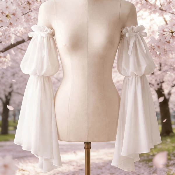 1 Pair Women'S White Chiffon Detachable Puff Sleeves, Bohemian Style Romantic Bow Ruffle Flared Sleeve Covers, Bridal Wedding Gown Prom Dress Accessory, Vintage Victorian Style Bridesmaid, Party, Role-Play Use Sleeves
