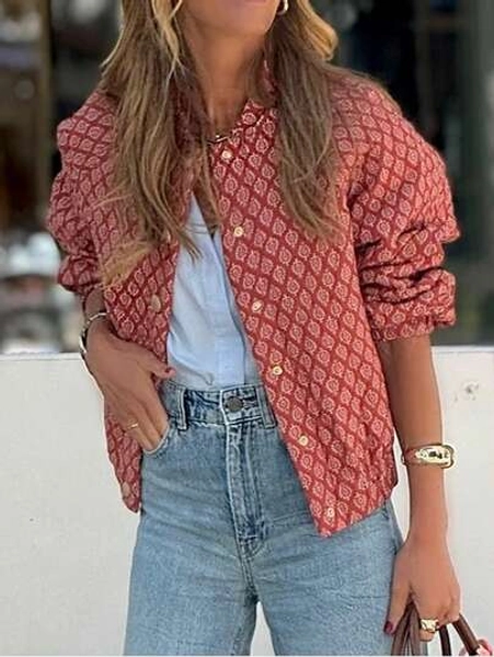 Fashionable Printed Casual Jacket, Red Long Sleeve Lightweight Short Outerwear