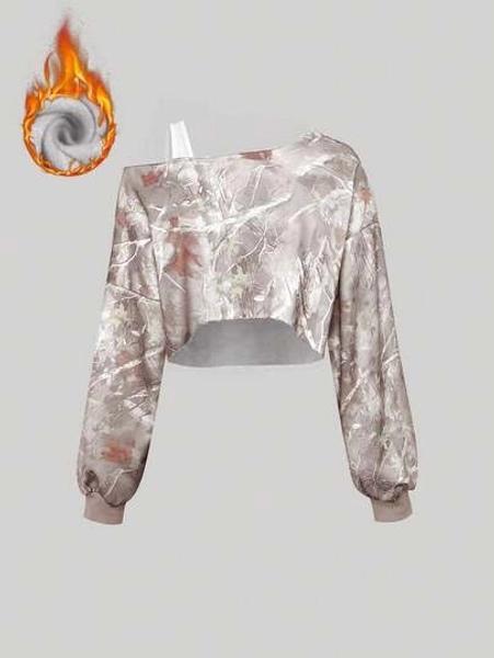 Sweetra Branch Print Bicolor Asymmetrical Neck Cropped Sweatshirt For Women Graduation,Back To School,Graduation,Teacher,Back To School Pullover Fall