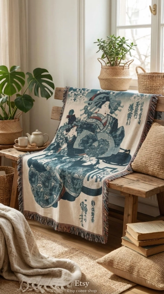 Kuniyoshi Geisha Woven Throw Blanket, Japanese Courtesan Art Tapestry, Dark Academia Vintage Decor